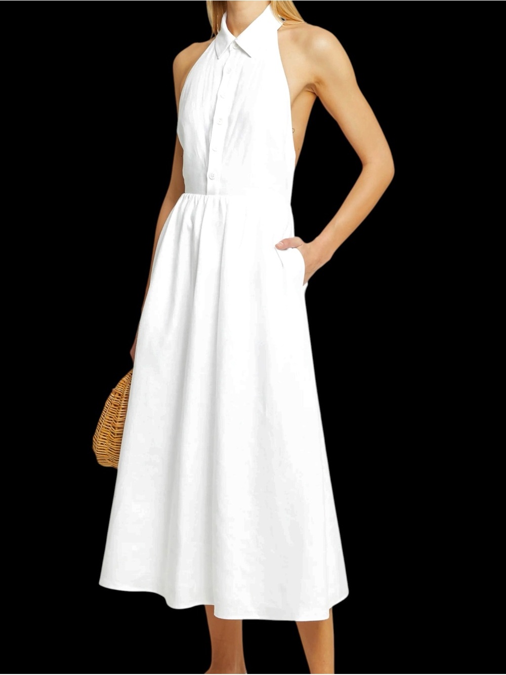 Few Moda o.p.t. Casey Dress White Halter Midi Open Back Collared Neck NWT